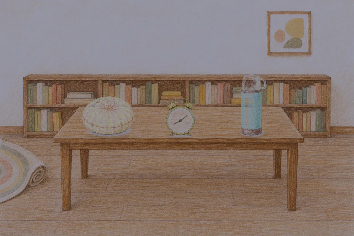 대치동 여성전용 안티에이징 케어 안내 그림, 밤의 서재 긴 책상 위에 놓인 둥근 쿠션, 둥근 알람시계, 보온병