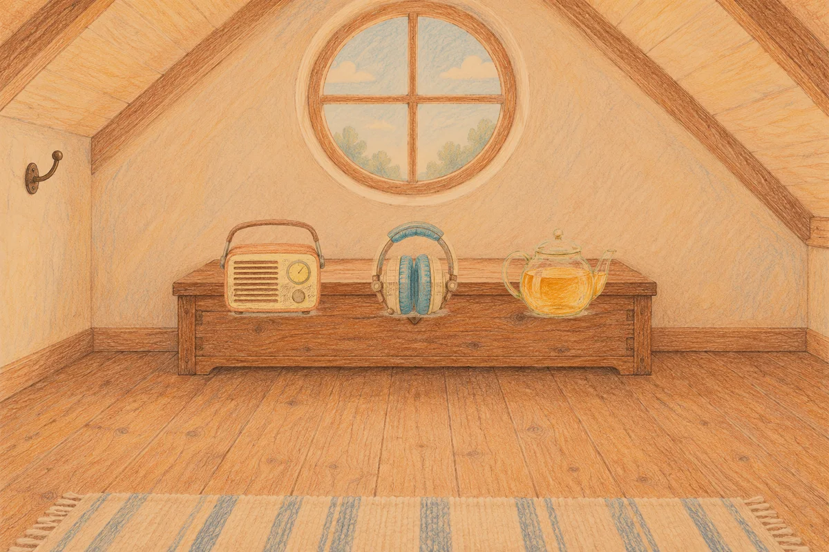 대치동 여성전용 추천 마사지 안내 그림, 저녁의 다락방 나무 궤짝 위에 놓인 작은 라디오, 헤드폰, 유리 티포트