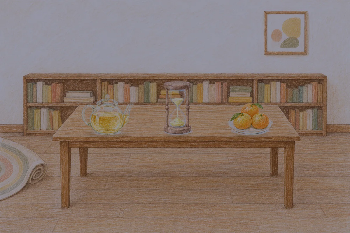 역삼동 여성전용 스웨디시 마사지 안내 그림, 밤의 서재 긴 책상 위에 놓인 유리 티포트, 모래시계, 귤이 담긴 접시