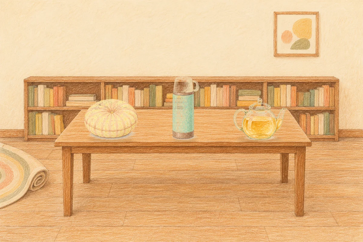 역삼동 여성전용 스웨디시 홈케어 안내 그림, 낮의 서재 긴 책상 위에 놓인 둥근 쿠션, 보온병, 유리 티포트