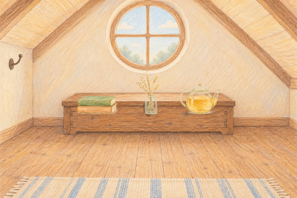 역삼동 여성전용 라벤더 아로마 안내 그림, 낮의 다락방 나무 궤짝 위에 놓인 책 두 권, 마른 풀을 꽂은 항아리, 유리 티포트
