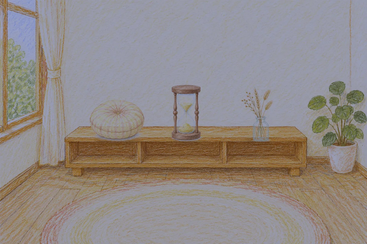 역삼동 여성전용 아로마 마사지 후기 안내 그림, 밤의 창가 낮은 선반 위에 놓인 둥근 쿠션, 모래시계, 마른 풀을 꽂은 항아리