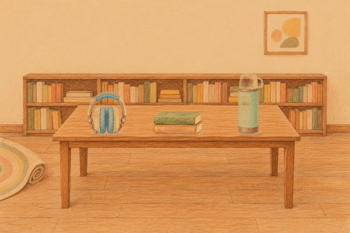 역삼동 여성전용 스웨디시 추천 안내 그림, 저녁의 서재 긴 책상 위에 놓인 헤드폰, 책 두 권, 보온병