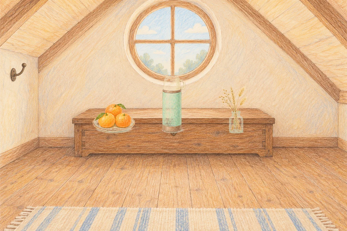 역삼동 여성전용 경락마사지 안내 그림, 낮의 다락방 나무 궤짝 위에 놓인 귤이 담긴 접시, 보온병, 마른 풀을 꽂은 항아리