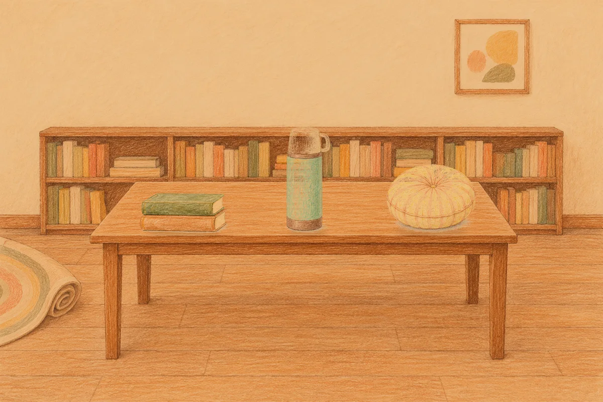 역삼동 여성전용 경락 케어 안내 그림, 저녁의 서재 긴 책상 위에 놓인 책 두 권, 보온병, 둥근 쿠션