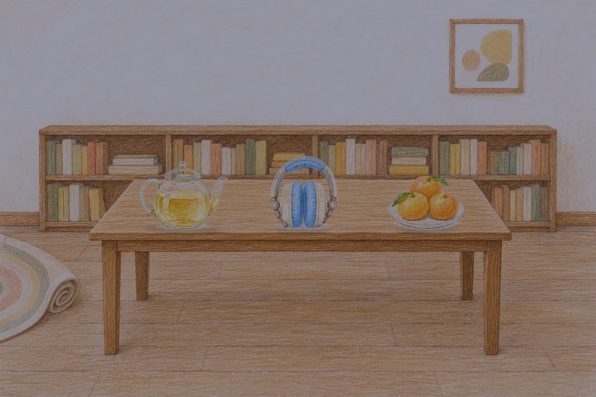 역삼동 여성전용 얼굴 경락 안내 그림, 밤의 서재 긴 책상 위에 놓인 유리 티포트, 헤드폰, 귤이 담긴 접시