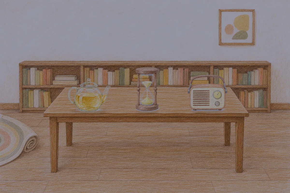 역삼동 여성전용 경락마사지 후기 안내 그림, 밤의 서재 긴 책상 위에 놓인 유리 티포트, 모래시계, 작은 라디오