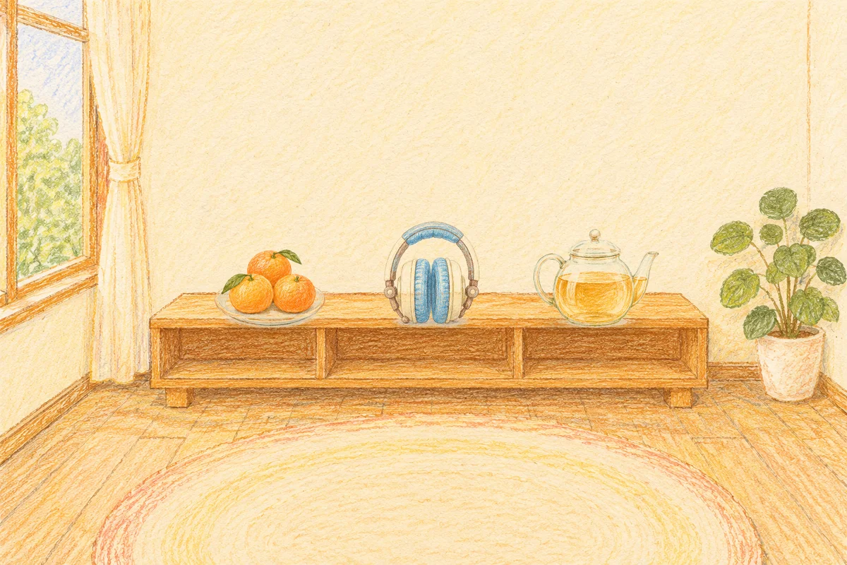 역삼동 여성전용 경락 추천 안내 그림, 낮의 창가 낮은 선반 위에 놓인 귤이 담긴 접시, 헤드폰, 유리 티포트