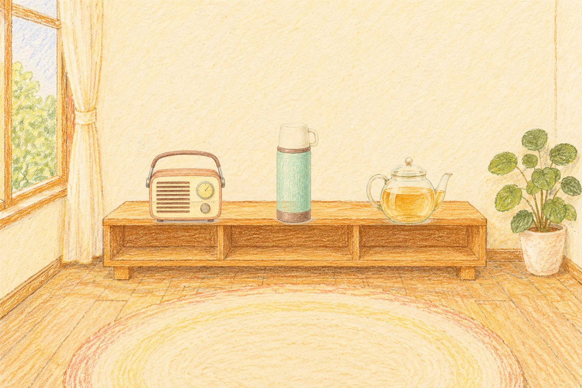 역삼동 여성전용 홈케어 안내 그림, 낮의 창가 낮은 선반 위에 놓인 작은 라디오, 보온병, 유리 티포트