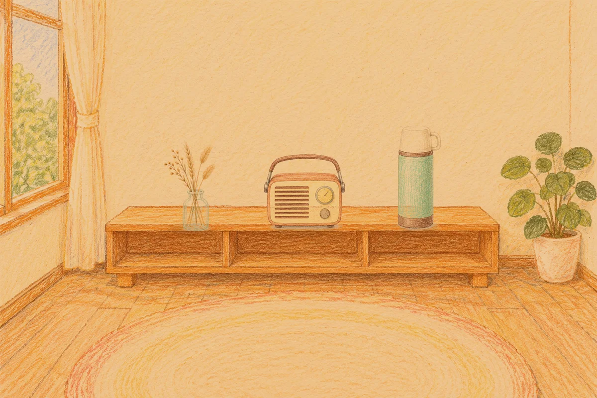 역삼동 여성전용 방문 홈케어 안내 그림, 저녁의 창가 낮은 선반 위에 놓인 마른 풀을 꽂은 항아리, 작은 라디오, 보온병