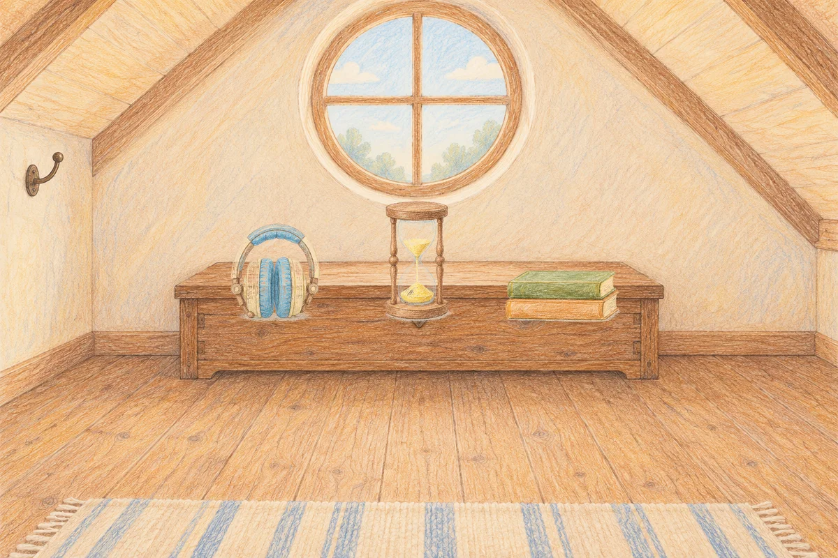 역삼동 여성전용 홈케어 추천 안내 그림, 낮의 다락방 나무 궤짝 위에 놓인 헤드폰, 모래시계, 책 두 권