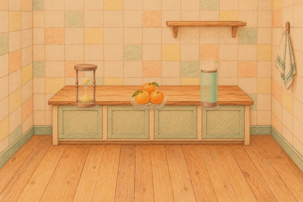 역삼동 여성전용 발마사지 안내 그림, 저녁의 부엌 나무 조리대 위에 놓인 모래시계, 귤이 담긴 접시, 보온병