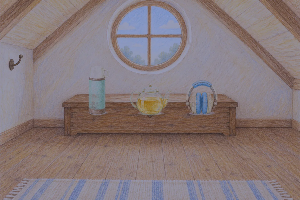 역삼동 여성전용 발 케어 안내 그림, 밤의 다락방 나무 궤짝 위에 놓인 보온병, 유리 티포트, 헤드폰
