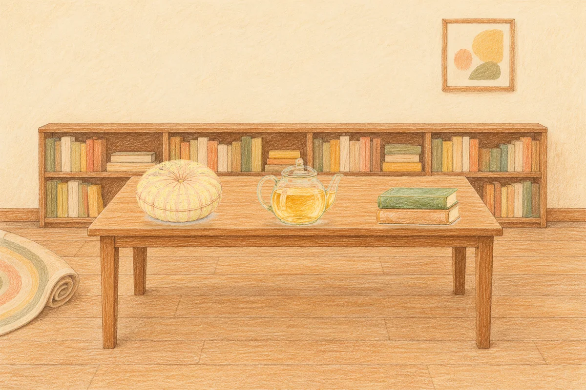 역삼동 여성전용 발관리 추천 안내 그림, 낮의 서재 긴 책상 위에 놓인 둥근 쿠션, 유리 티포트, 책 두 권
