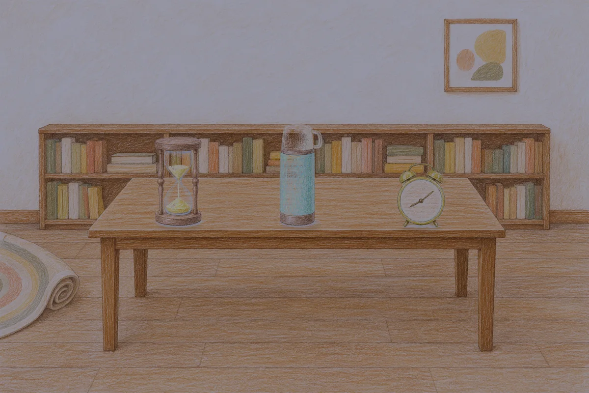 역삼동 여성전용 바디 케어 안내 그림, 밤의 서재 긴 책상 위에 놓인 모래시계, 보온병, 둥근 알람시계