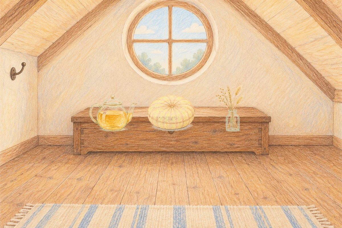 역삼동 여성전용 디톡스 마사지 안내 그림, 낮의 다락방 나무 궤짝 위에 놓인 유리 티포트, 둥근 쿠션, 마른 풀을 꽂은 항아리