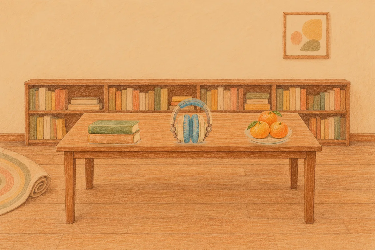 역삼동 여성전용 종아리 케어 안내 그림, 저녁의 서재 긴 책상 위에 놓인 책 두 권, 헤드폰, 귤이 담긴 접시