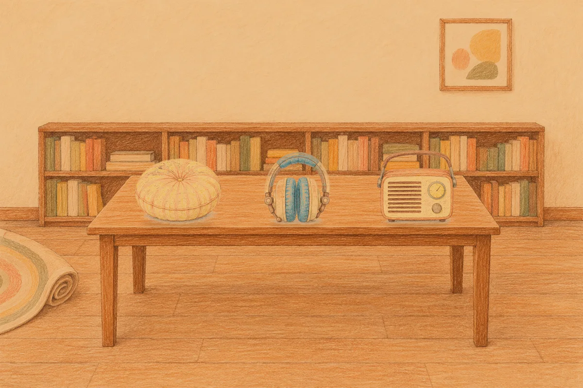 역삼동 여성전용 등 마사지 안내 그림, 저녁의 서재 긴 책상 위에 놓인 둥근 쿠션, 헤드폰, 작은 라디오