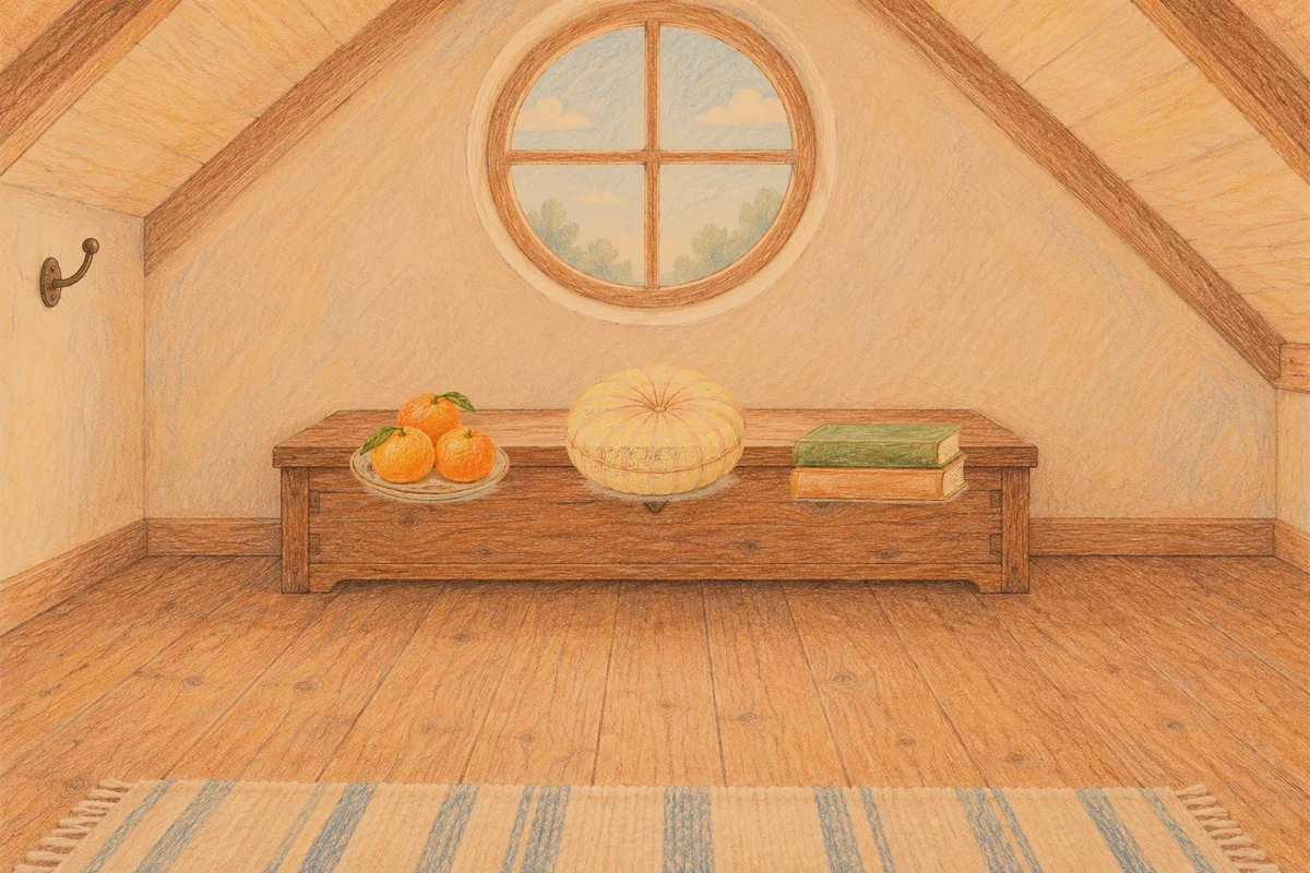 역삼동 여성전용 어깨 마사지 안내 그림, 저녁의 다락방 나무 궤짝 위에 놓인 귤이 담긴 접시, 둥근 쿠션, 책 두 권