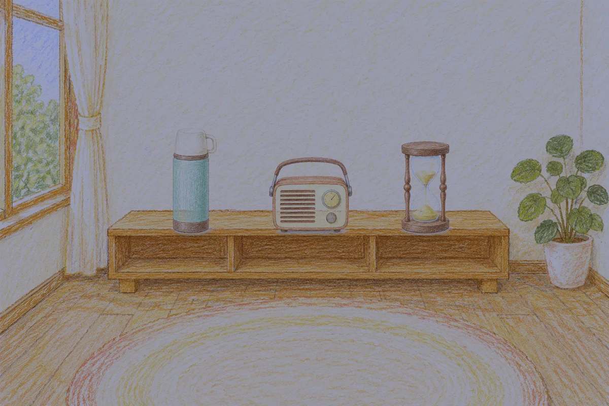 역삼동 여성전용 피로 회복 마사지 안내 그림, 밤의 창가 낮은 선반 위에 놓인 보온병, 작은 라디오, 모래시계
