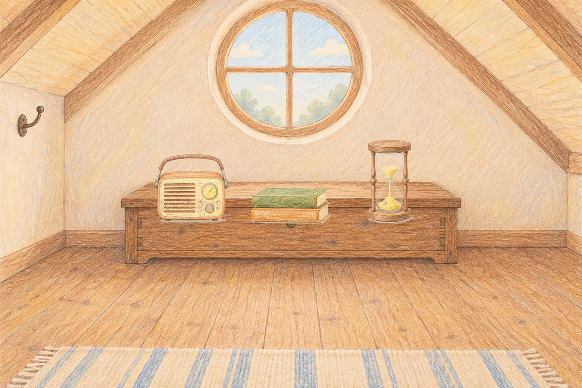 역삼동 여성전용 페이셜 마사지 안내 그림, 낮의 다락방 나무 궤짝 위에 놓인 작은 라디오, 책 두 권, 모래시계