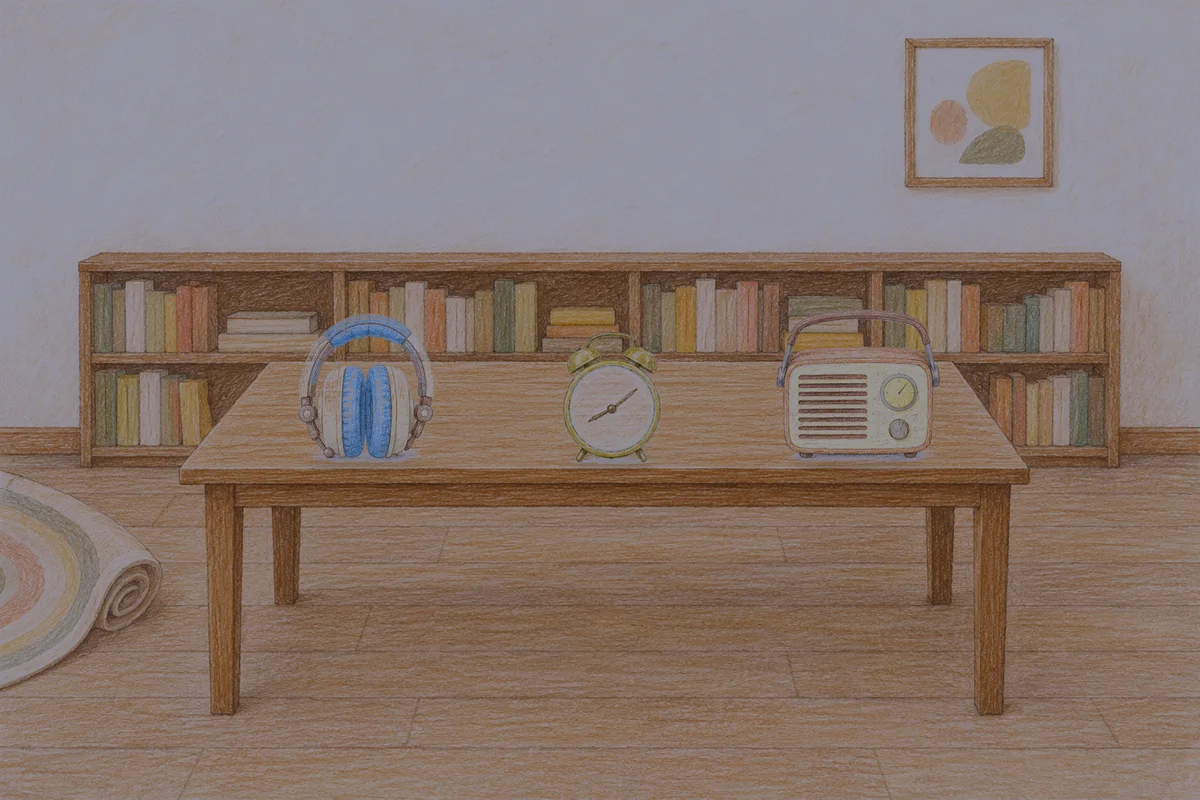 역삼동 여성전용 얼굴 마사지 안내 그림, 밤의 서재 긴 책상 위에 놓인 헤드폰, 둥근 알람시계, 작은 라디오