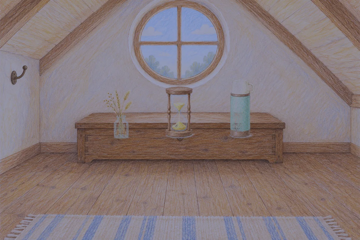 역삼동 여성전용 안티에이징 케어 안내 그림, 밤의 다락방 나무 궤짝 위에 놓인 마른 풀을 꽂은 항아리, 모래시계, 보온병