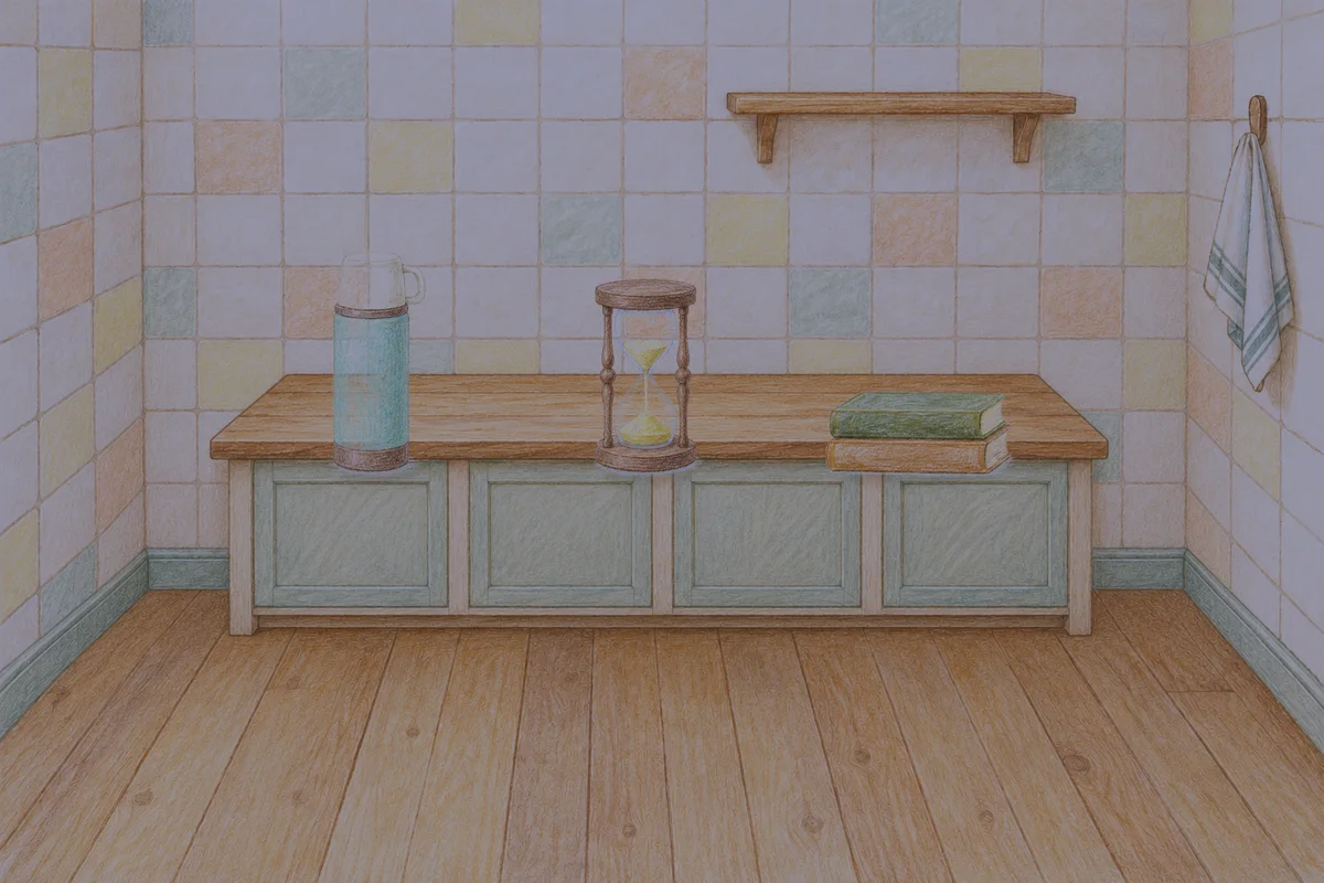 역삼동 여성전용 예약 마사지 안내 그림, 밤의 부엌 나무 조리대 위에 놓인 보온병, 모래시계, 책 두 권
