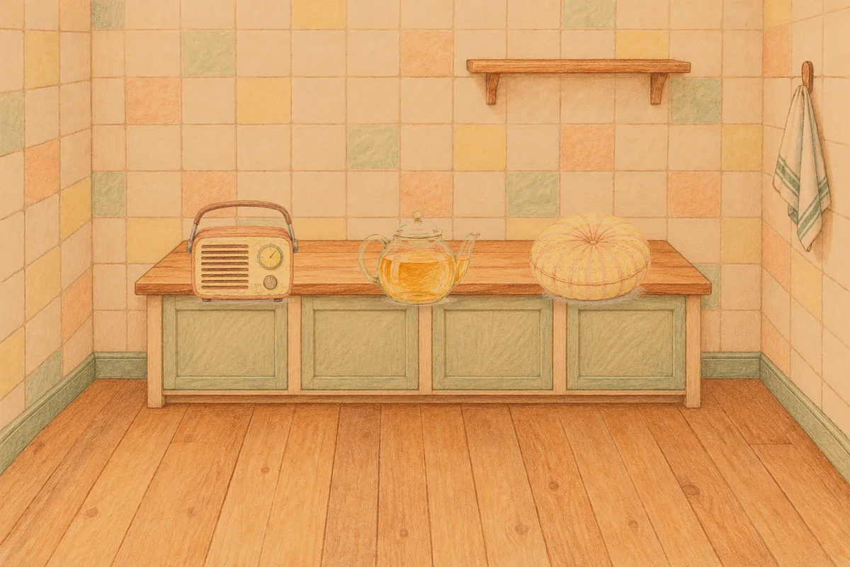 역삼동 여성전용 가격 마사지 안내 그림, 저녁의 부엌 나무 조리대 위에 놓인 작은 라디오, 유리 티포트, 둥근 쿠션