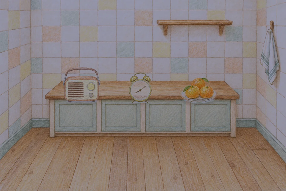 역삼동 여성전용 추천 마사지 안내 그림, 밤의 부엌 나무 조리대 위에 놓인 작은 라디오, 둥근 알람시계, 귤이 담긴 접시