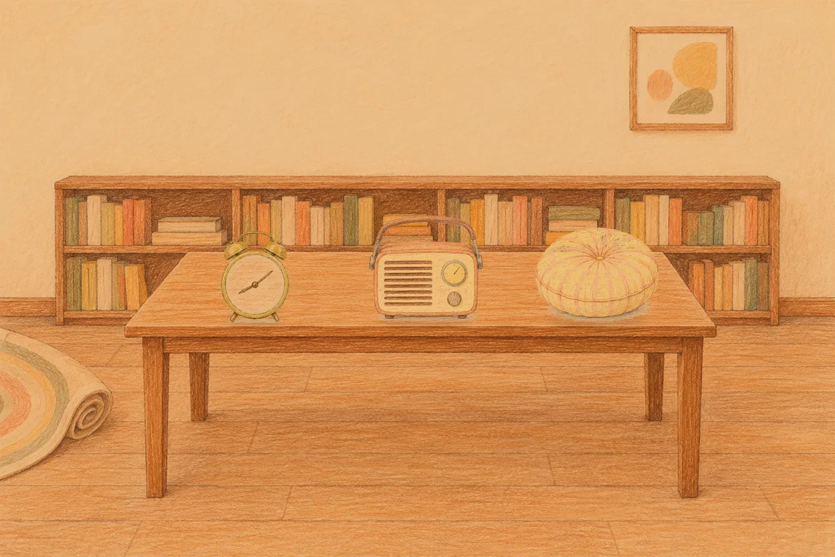 역삼동 여성전용 출장 마사지 안내 그림, 저녁의 서재 긴 책상 위에 놓인 둥근 알람시계, 작은 라디오, 둥근 쿠션