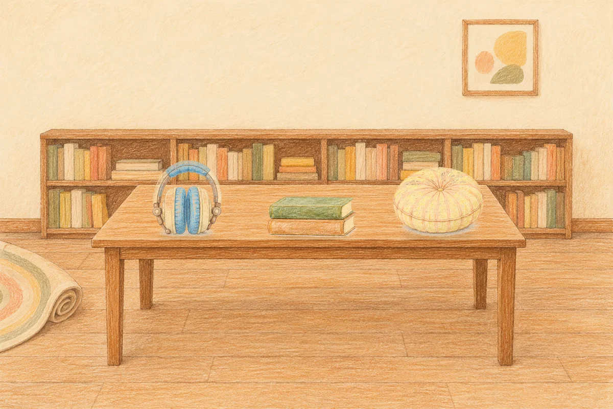 도곡동 여성전용 아로마 마사지 안내 그림, 낮의 서재 긴 책상 위에 놓인 헤드폰, 책 두 권, 둥근 쿠션