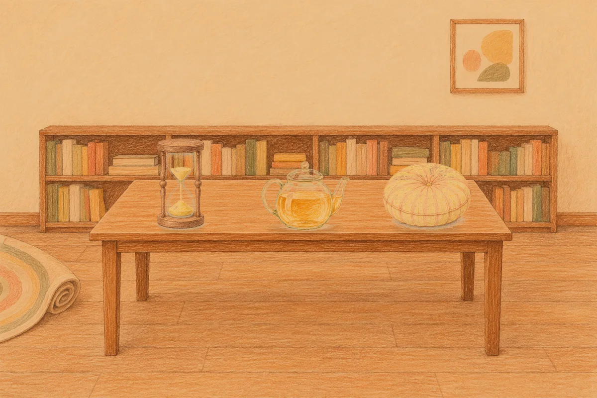 도곡동 여성전용 아로마테라피 안내 그림, 저녁의 서재 긴 책상 위에 놓인 모래시계, 유리 티포트, 둥근 쿠션