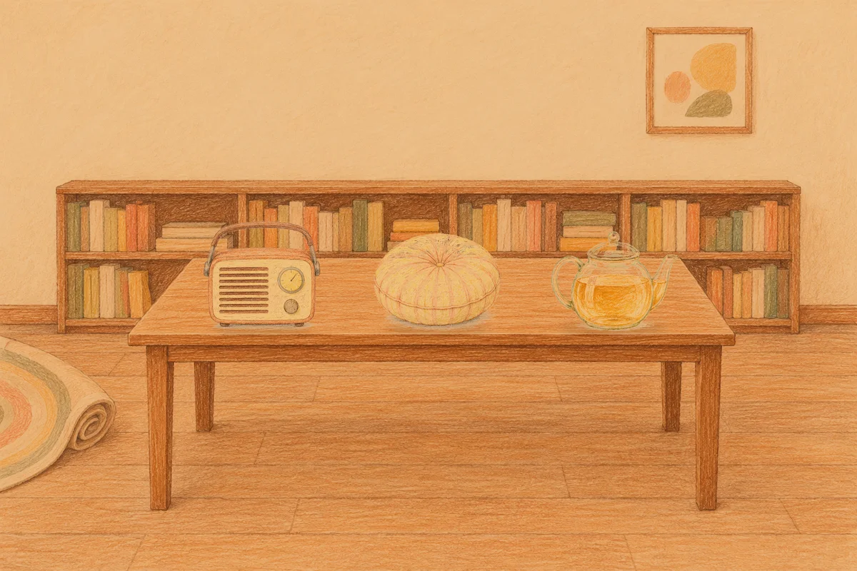 도곡동 여성전용 스웨디시 후기 안내 그림, 저녁의 서재 긴 책상 위에 놓인 작은 라디오, 둥근 쿠션, 유리 티포트