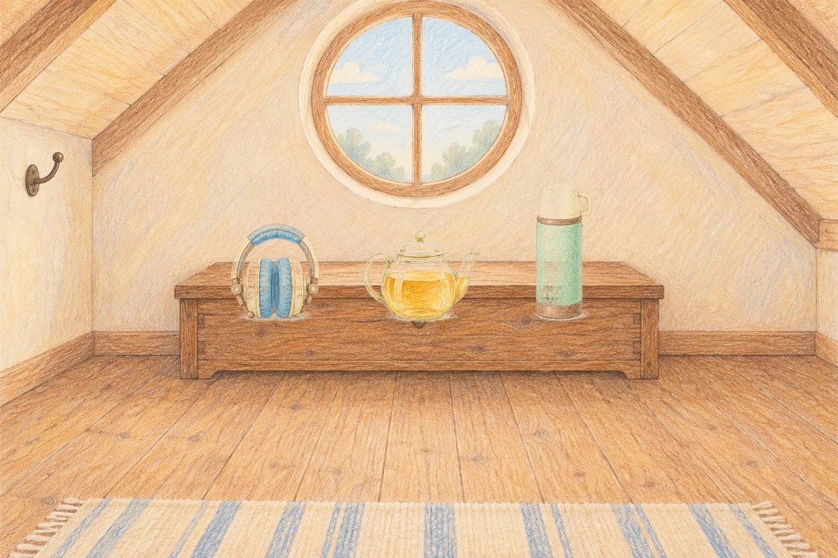 도곡동 여성전용 경락 마사지 안내 그림, 낮의 다락방 나무 궤짝 위에 놓인 헤드폰, 유리 티포트, 보온병