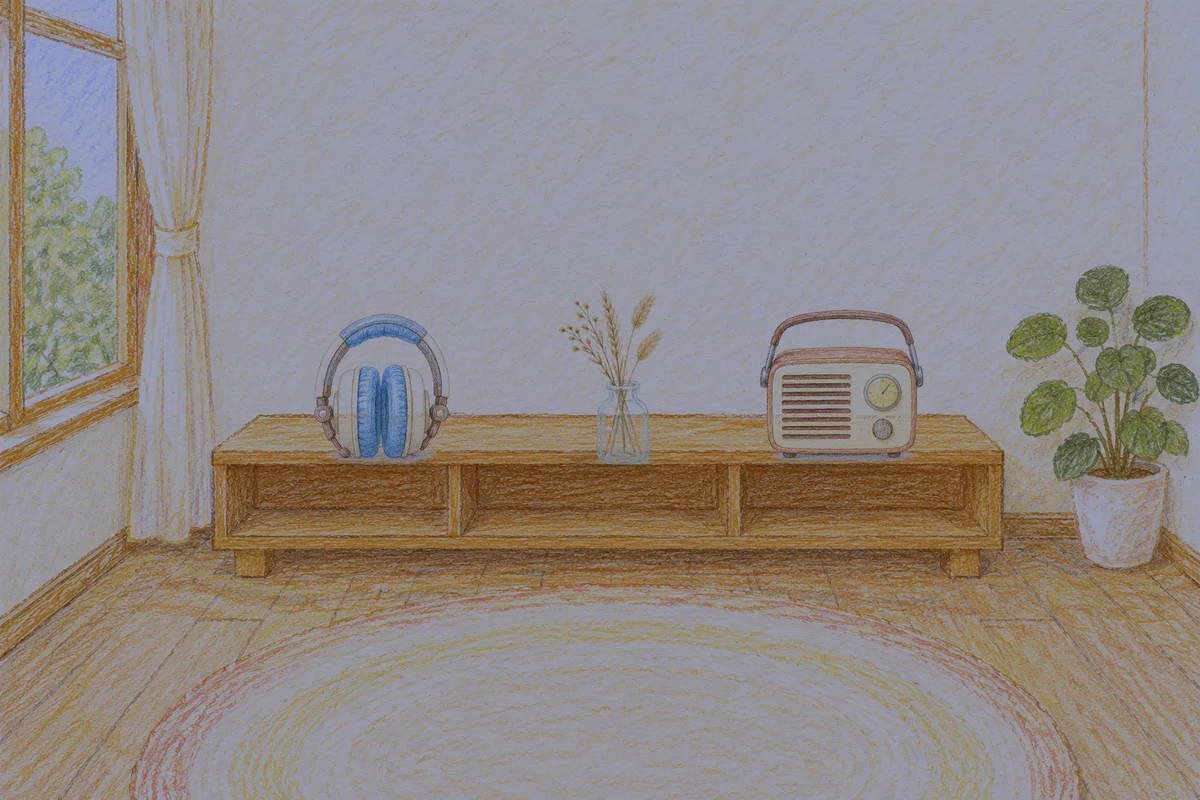 도곡동 여성전용 얼굴 경락 안내 그림, 밤의 창가 낮은 선반 위에 놓인 헤드폰, 마른 풀을 꽂은 항아리, 작은 라디오