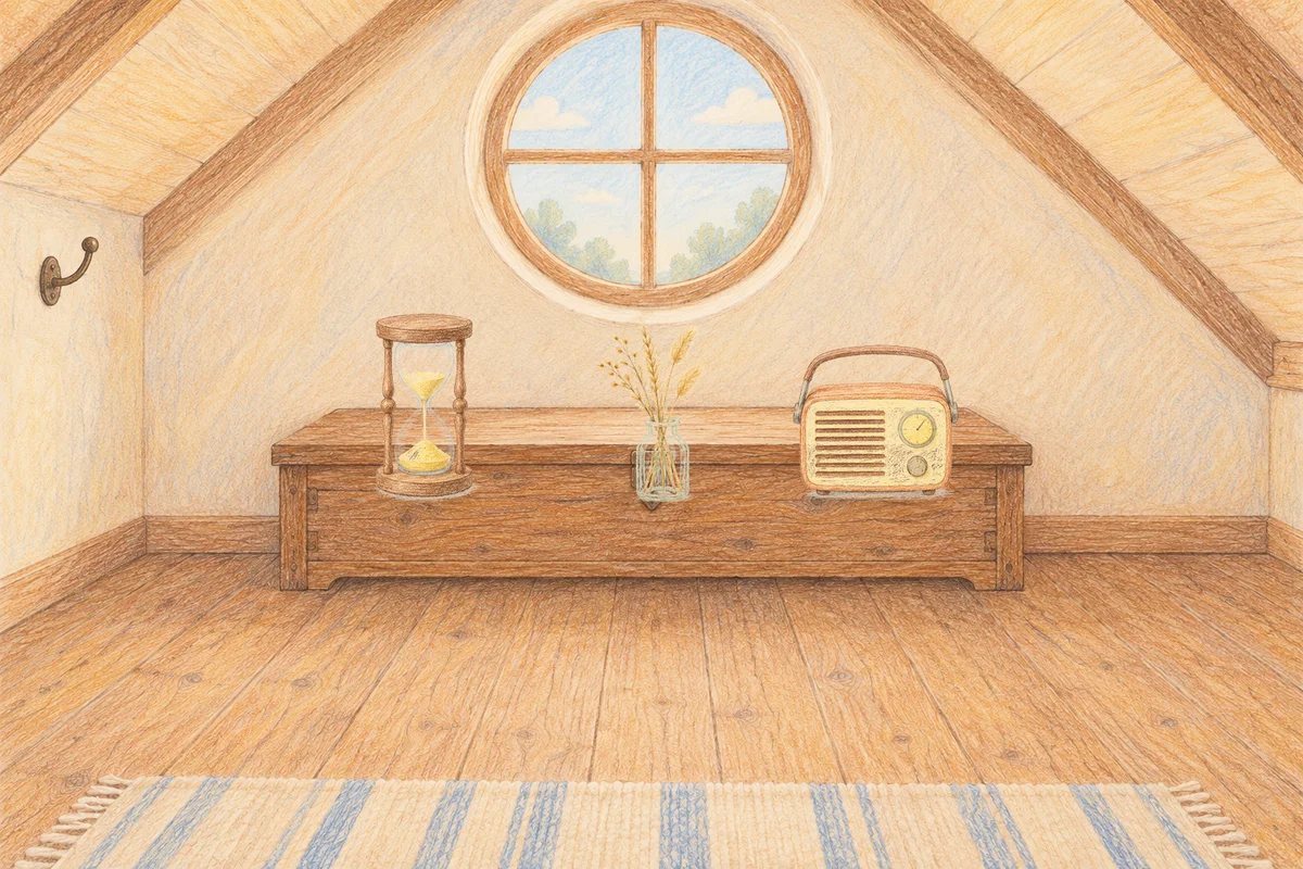 도곡동 여성전용 경락마사지 후기 안내 그림, 낮의 다락방 나무 궤짝 위에 놓인 모래시계, 마른 풀을 꽂은 항아리, 작은 라디오