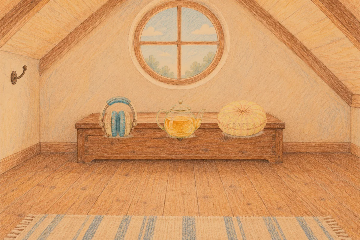 도곡동 여성전용 경락 추천 안내 그림, 저녁의 다락방 나무 궤짝 위에 놓인 헤드폰, 유리 티포트, 둥근 쿠션