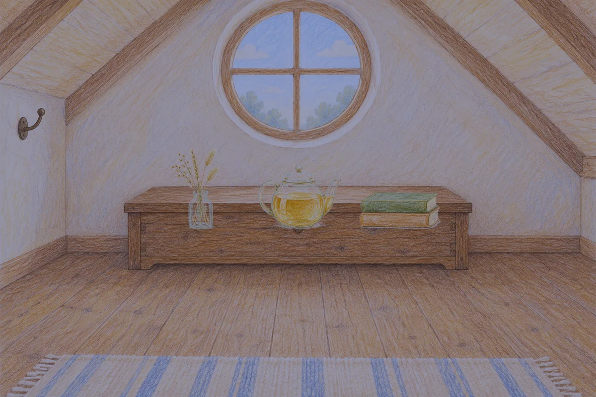 도곡동 여성전용 홈케어 안내 그림, 밤의 다락방 나무 궤짝 위에 놓인 마른 풀을 꽂은 항아리, 유리 티포트, 책 두 권