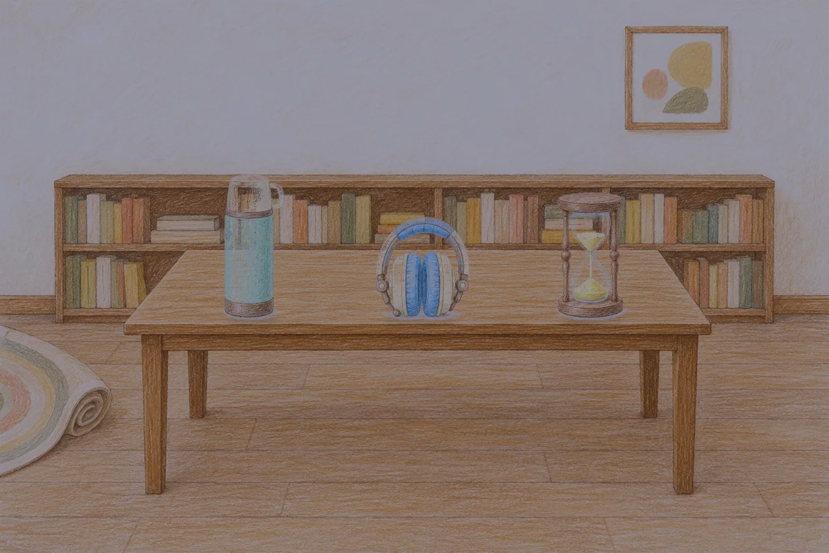 도곡동 여성전용 방문 마사지 안내 그림, 밤의 서재 긴 책상 위에 놓인 보온병, 헤드폰, 모래시계