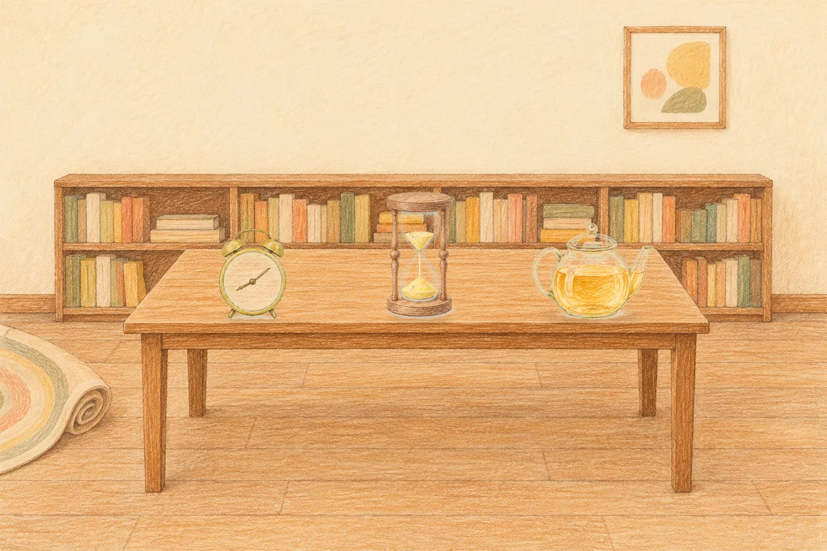 도곡동 여성전용 발관리 추천 안내 그림, 낮의 서재 긴 책상 위에 놓인 둥근 알람시계, 모래시계, 유리 티포트