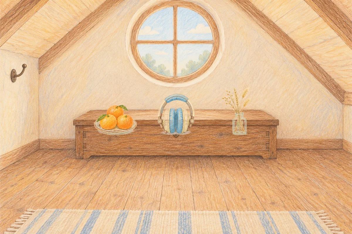 도곡동 여성전용 림프 마사지 안내 그림, 낮의 다락방 나무 궤짝 위에 놓인 귤이 담긴 접시, 헤드폰, 마른 풀을 꽂은 항아리