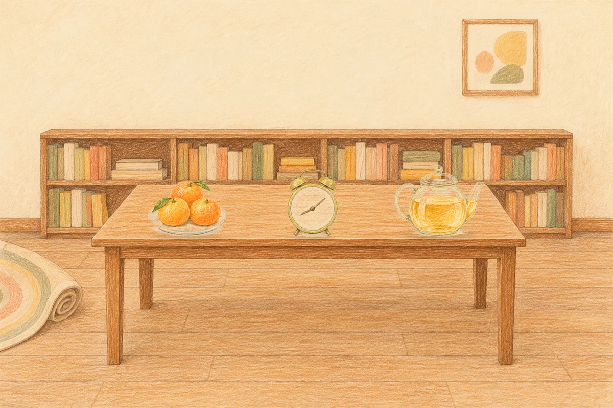 도곡동 여성전용 바디 케어 안내 그림, 낮의 서재 긴 책상 위에 놓인 귤이 담긴 접시, 둥근 알람시계, 유리 티포트