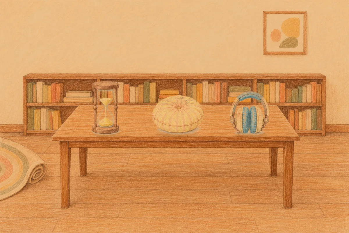 도곡동 여성전용 디톡스 마사지 안내 그림, 저녁의 서재 긴 책상 위에 놓인 모래시계, 둥근 쿠션, 헤드폰
