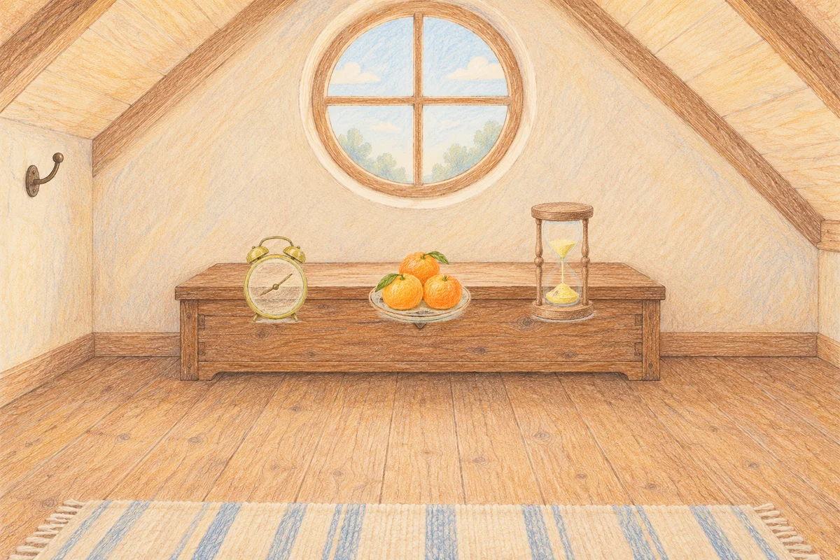 도곡동 여성전용 다이어트 마사지 안내 그림, 낮의 다락방 나무 궤짝 위에 놓인 둥근 알람시계, 귤이 담긴 접시, 모래시계