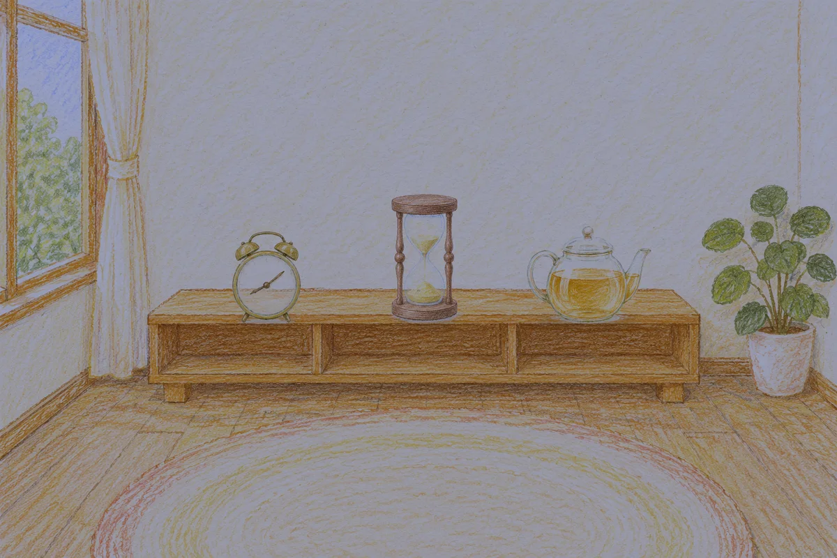 도곡동 여성전용 복부 마사지 안내 그림, 밤의 창가 낮은 선반 위에 놓인 둥근 알람시계, 모래시계, 유리 티포트