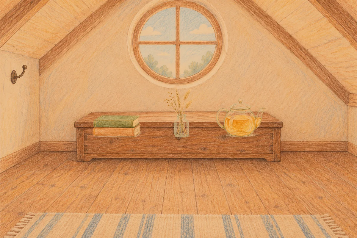 도곡동 여성전용 종아리 케어 안내 그림, 저녁의 다락방 나무 궤짝 위에 놓인 책 두 권, 마른 풀을 꽂은 항아리, 유리 티포트