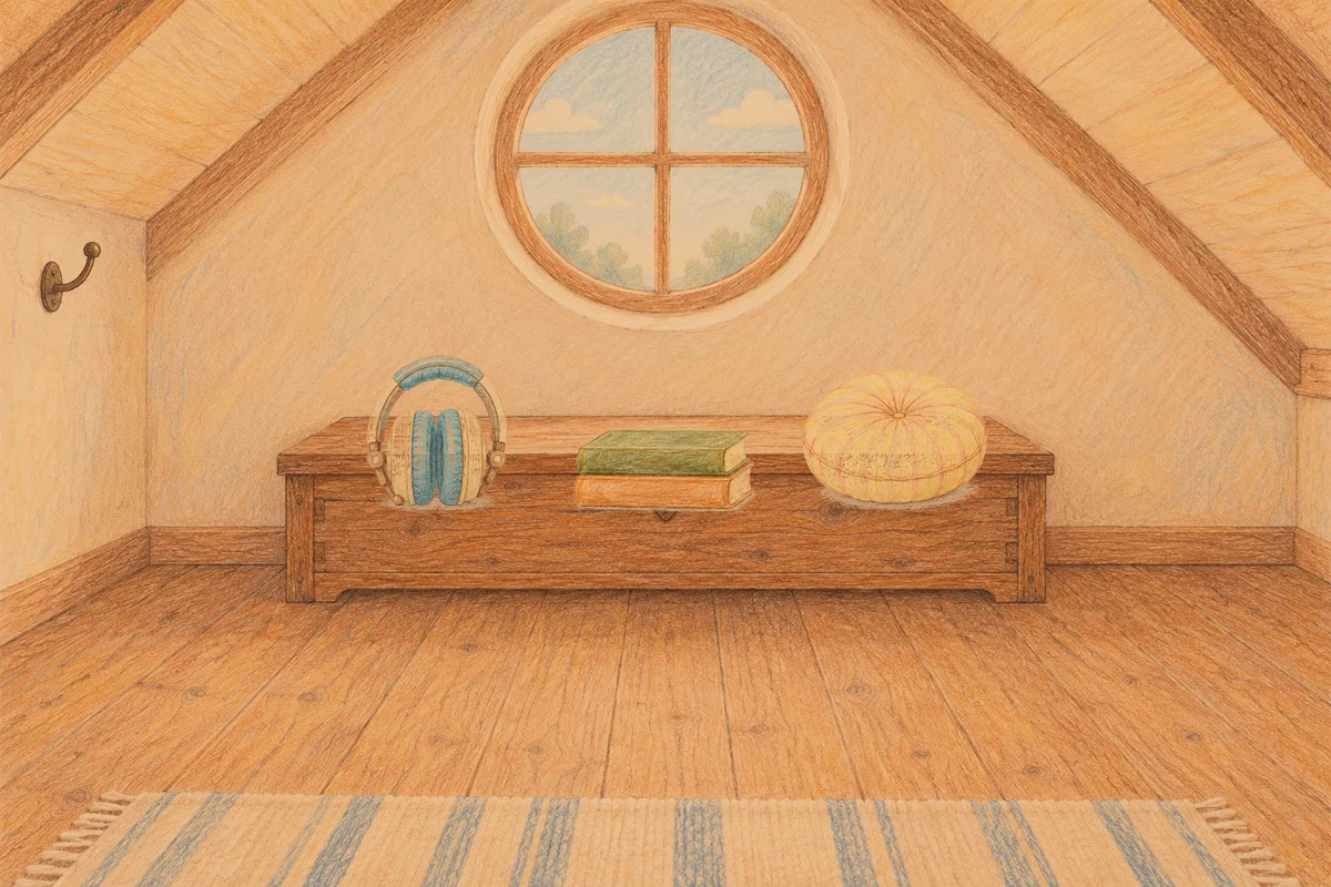 도곡동 여성전용 등 마사지 안내 그림, 저녁의 다락방 나무 궤짝 위에 놓인 헤드폰, 책 두 권, 둥근 쿠션