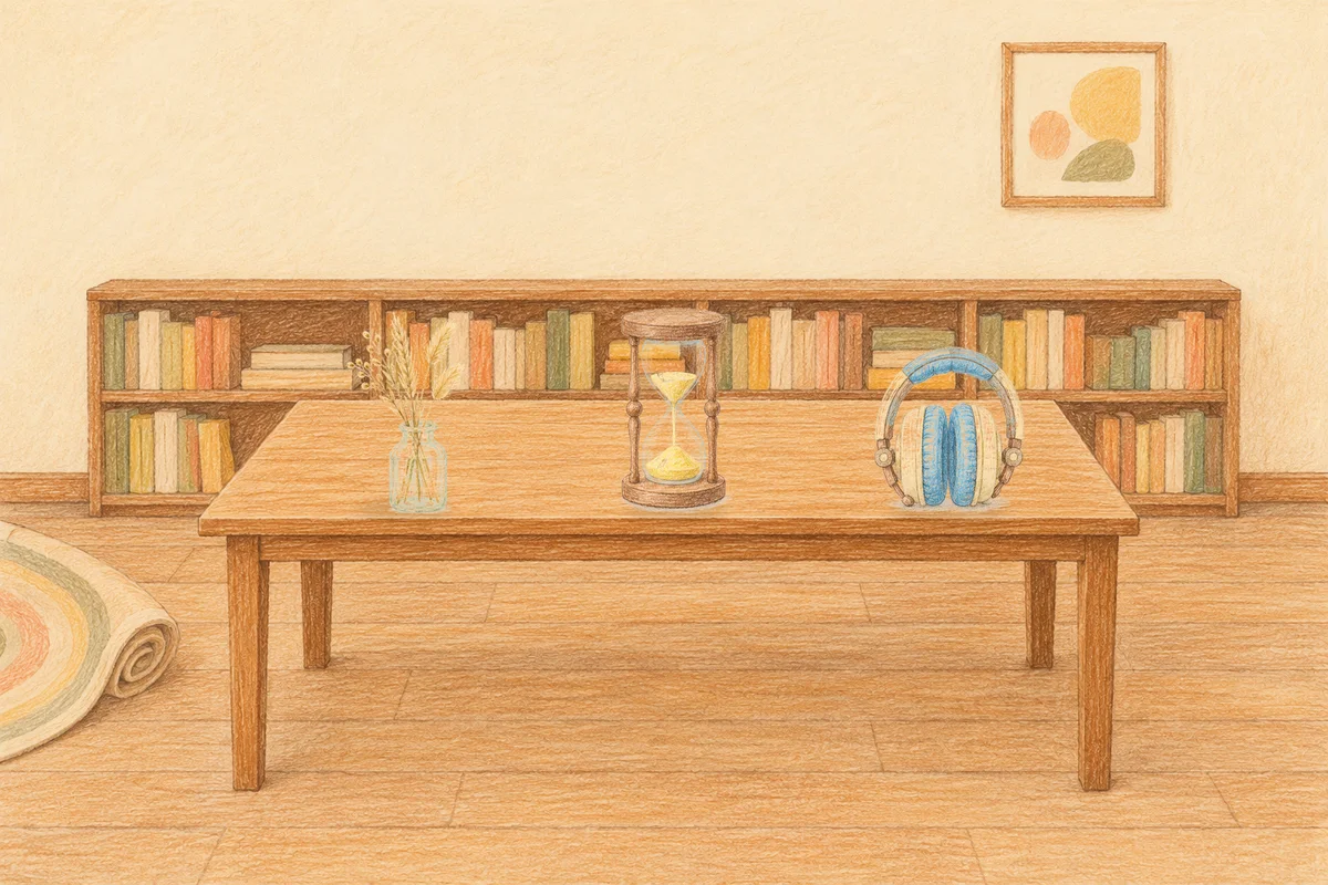 도곡동 여성전용 두피 마사지 안내 그림, 낮의 서재 긴 책상 위에 놓인 마른 풀을 꽂은 항아리, 모래시계, 헤드폰