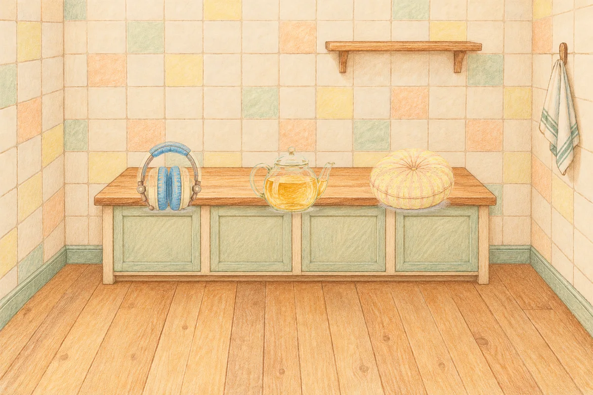 도곡동 여성전용 어깨 마사지 안내 그림, 낮의 부엌 나무 조리대 위에 놓인 헤드폰, 유리 티포트, 둥근 쿠션